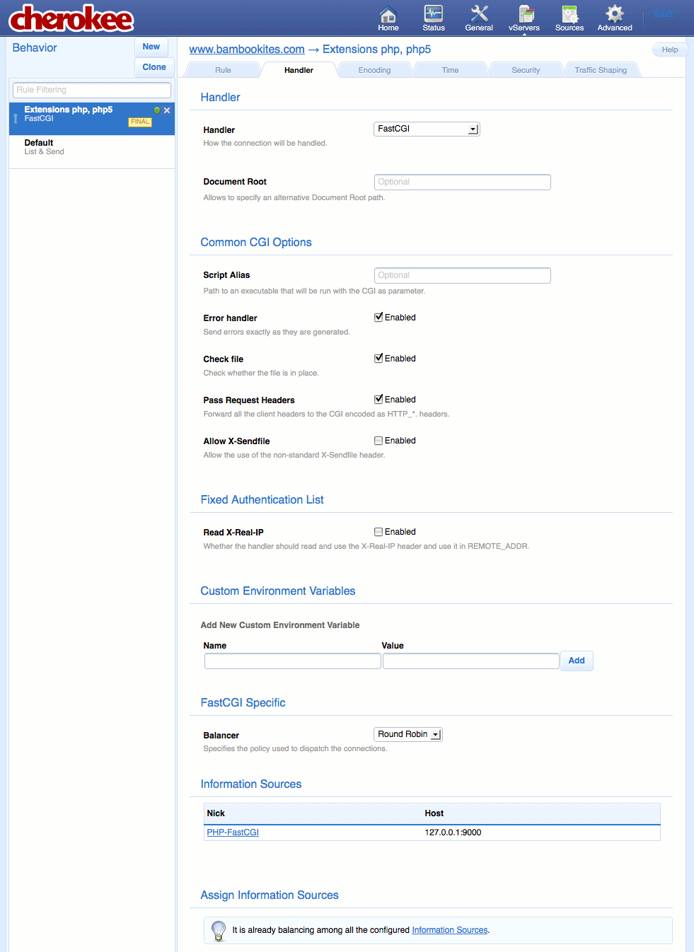 FastCGI settings for a new extensions rule on the Behavior tab on the vServers page of the Cherokee admin panel on Fedora 13.